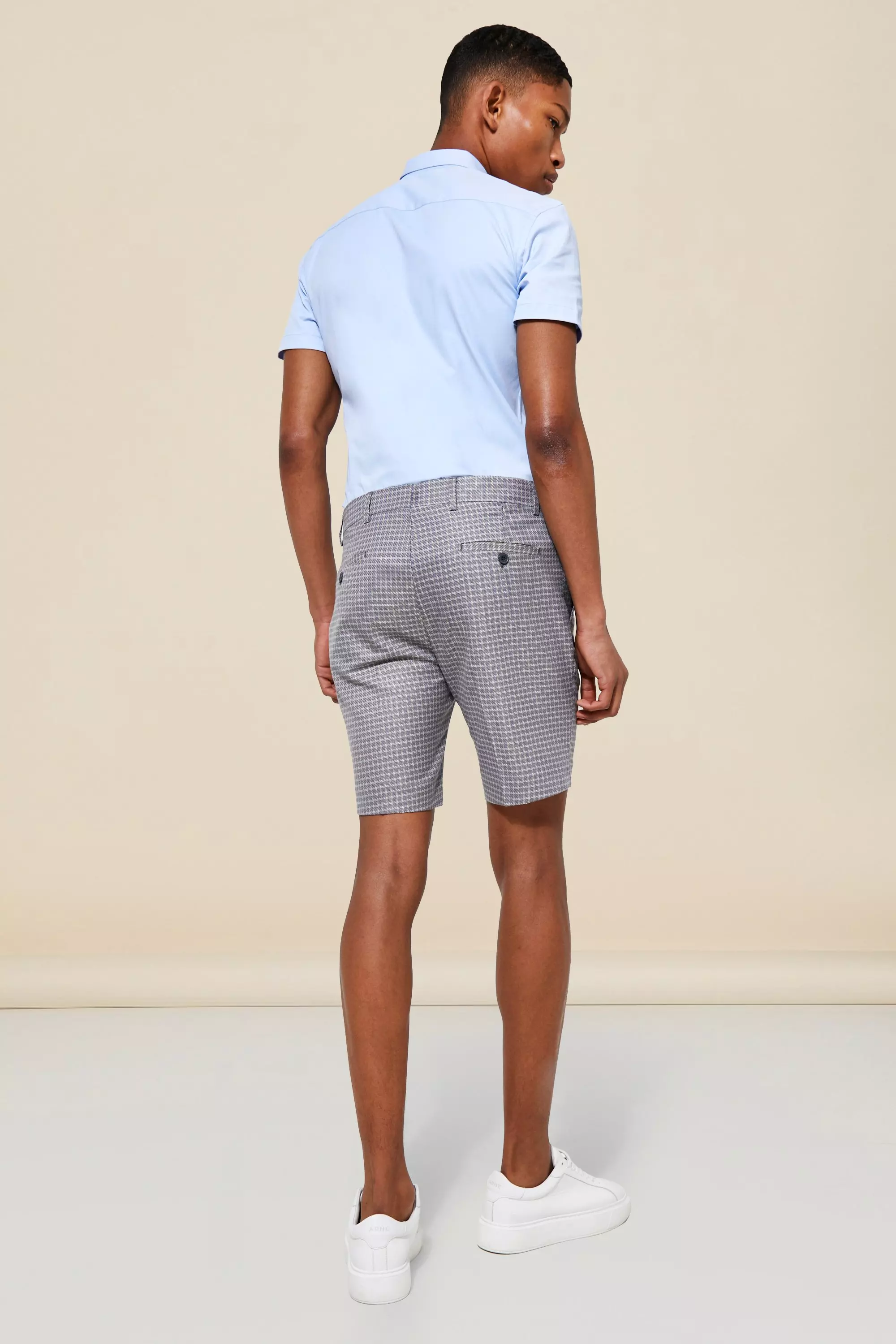 Skinny Smart Check Tailored Shorts boohooMAN UK